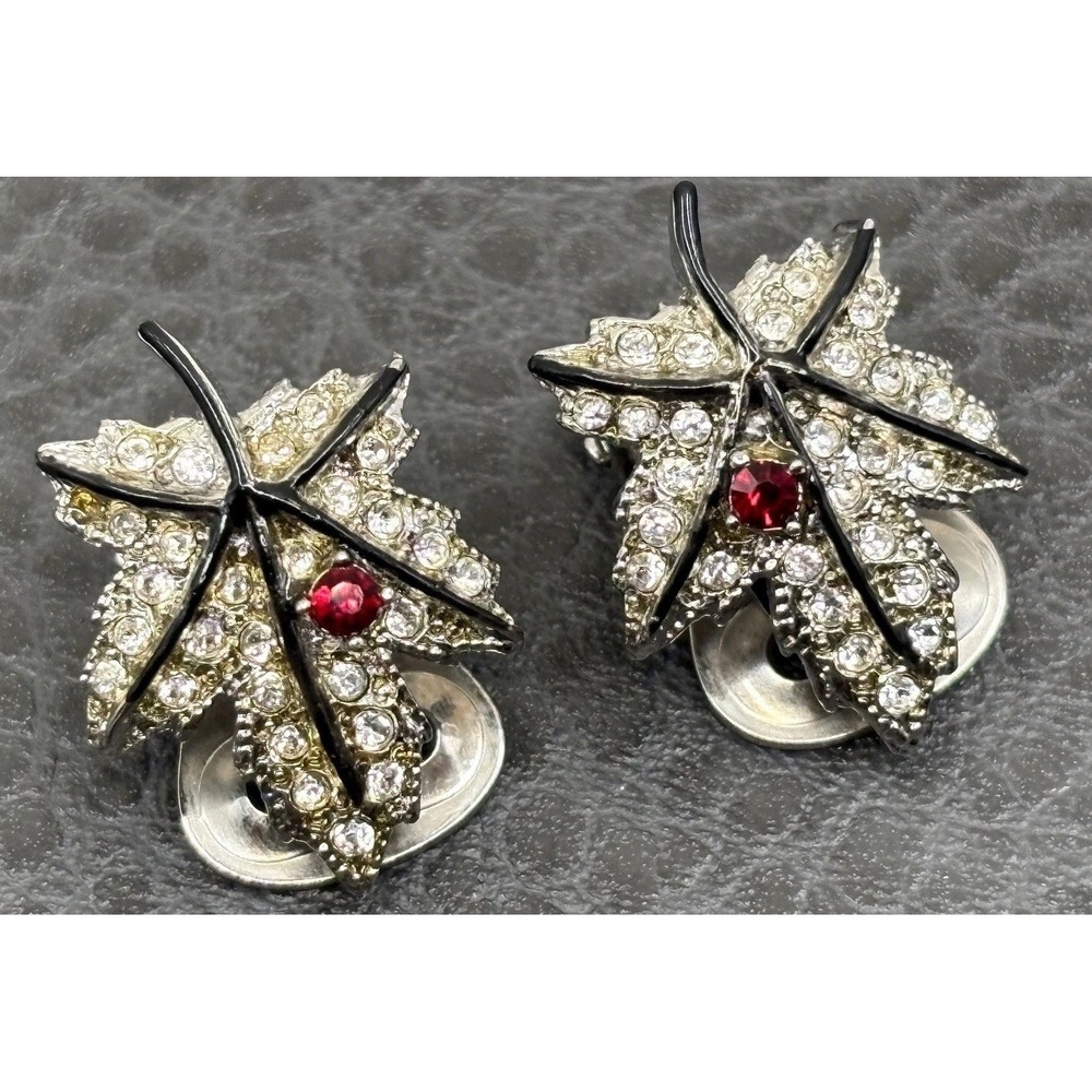 VTG Rhinestone Crystal Maple Leaf Clip Earrings Red Accent Black Enamel READ